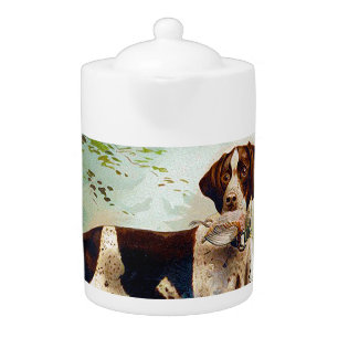 Hunter dog with bird in mouth teapot