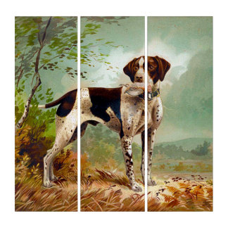 Hunter dog with bird in mouth triptych