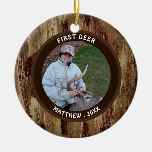 Hunter FIRST DEER Photo Brown Camouflage Ceramic Ornament