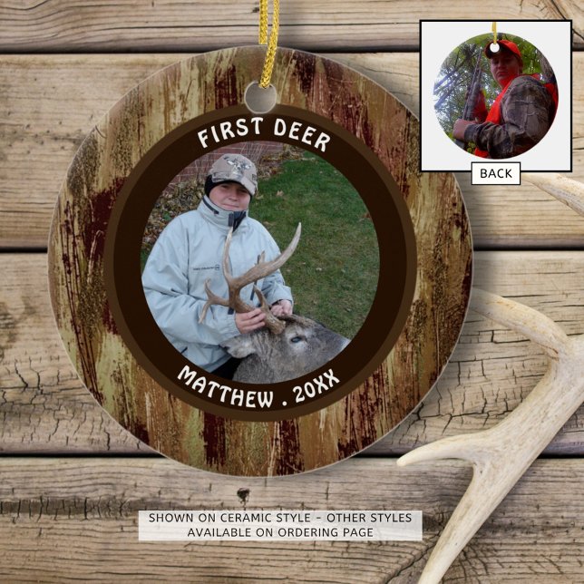 Hunter FIRST DEER Photo Brown Camouflage Ceramic Ornament (Creator Uploaded)