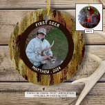 Hunter FIRST DEER Photo Camouflage Personalized Ceramic Ornament<br><div class="desc">Hunter's FIRST DEER ornament personalized with a photo and name/date on the front and a full-bleed photo on the back of the ornament style shown. Camouflage pattern. All text is editable so you can change the title as desired. PHOTO TIP: For fastest/best results, choose a photo with the subject in...</div>