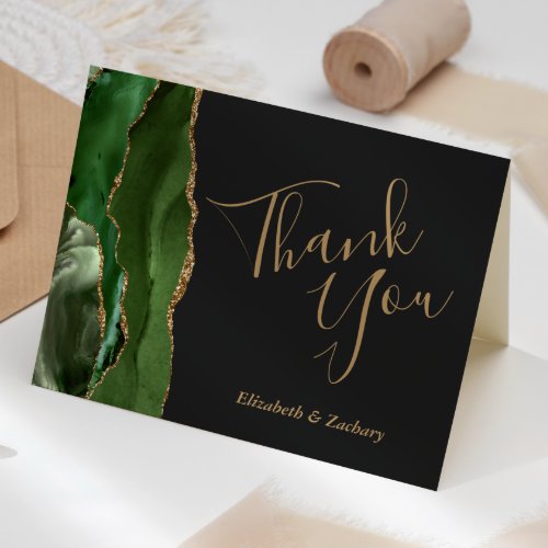 Hunter Green Agate Gold Dark Wedding Thank You Card