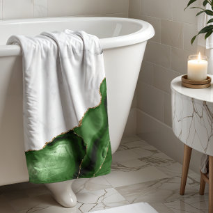 Hunter Green Agate Gold Glitter White Marble Bath Towel