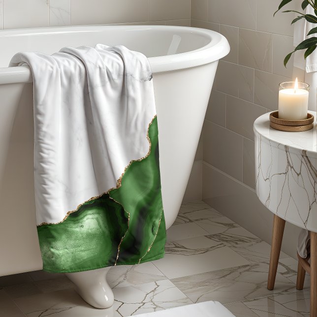 Hunter Green Agate Gold Glitter White Marble Bath Towel (Creator Uploaded)