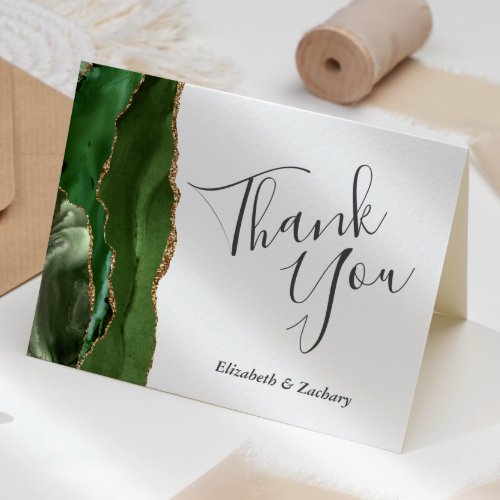 Hunter Green Agate Gold Wedding Thank You Card