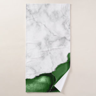 Hunter Green Agate Silver Glitter White Marble  Bath Towel