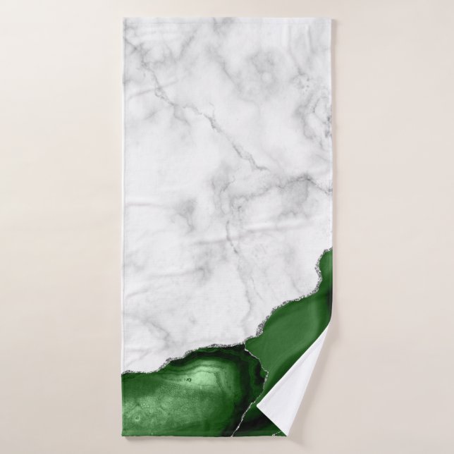 Hunter Green Agate Silver Glitter White Marble  Bath Towel (Bath Towel)