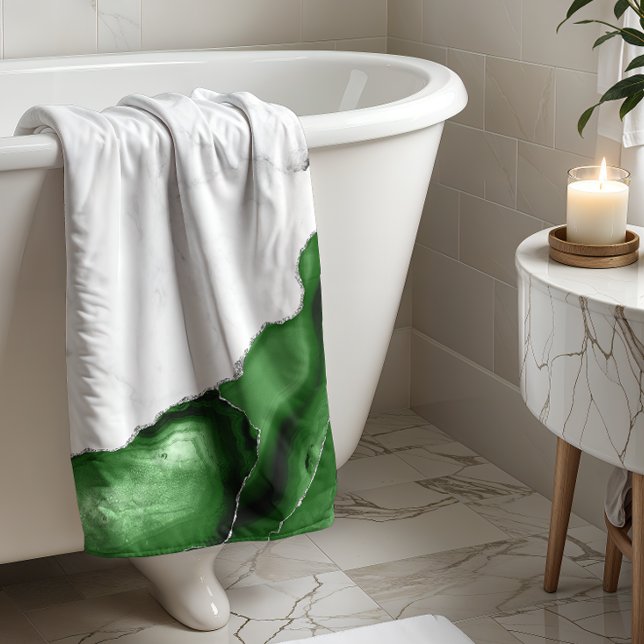 Hunter Green Agate Silver Glitter White Marble  Bath Towel (Creator Uploaded)