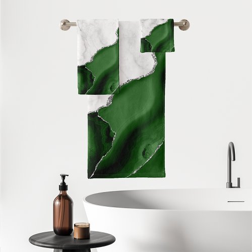 Hunter Green Agate Silver Glitter White Marble Bath Towel Set