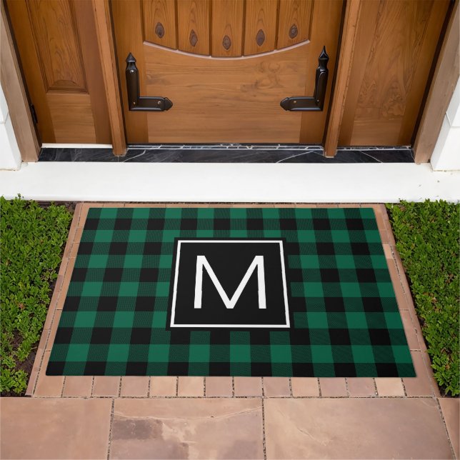 Hunter Green and Black Buffalo Plaid Monogrammed Doormat (Outdoor)