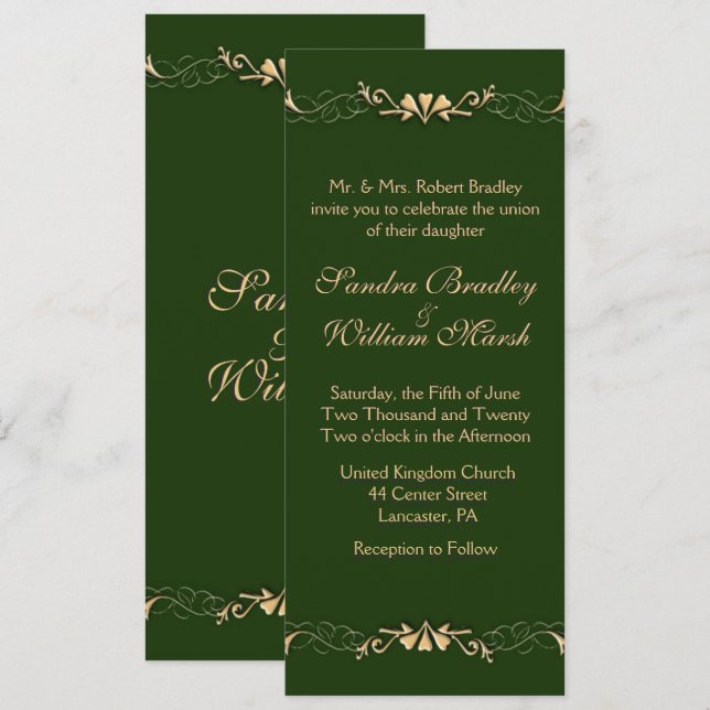 Hunter Green and Gold Wedding Invitation (Front/Back)