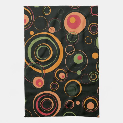 Hunter Green and Peach Playful Retro Circles Kitchen Towel