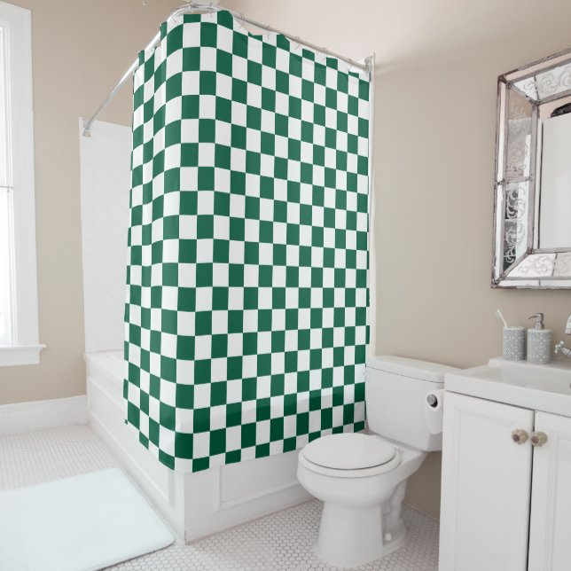Hunter Green and White Checkered Shower Curtain (In Situ)