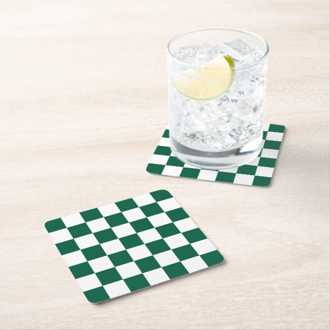 Hunter Green and White Checkered Square Paper Coaster (Insitu)