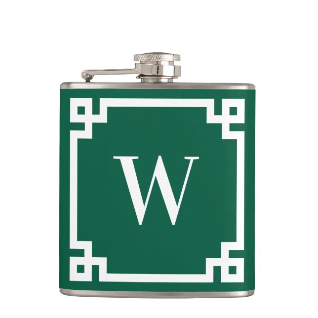 Hunter Green and White Greek Key Border Monogram Flask (Front)