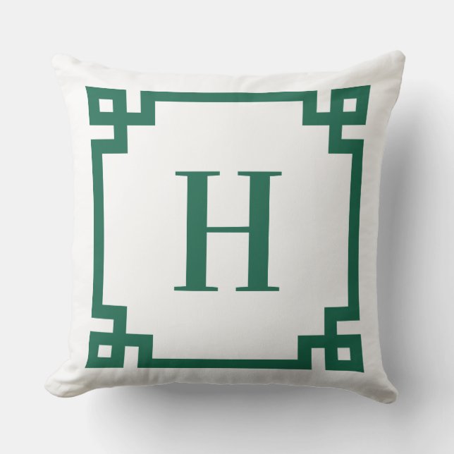 Hunter Green and White Greek Key Border Monogram Outdoor Pillow (Front)