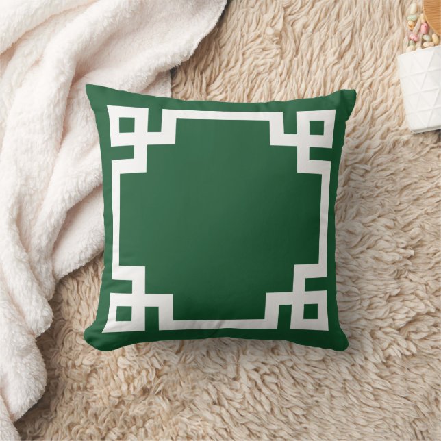 Hunter Green and White Greek Key Border Throw Pillow (Blanket)