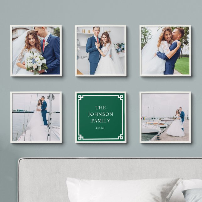 Hunter Green and White Greek Key Border Wedding Peel And Stick Photo Tile (Bedroom)