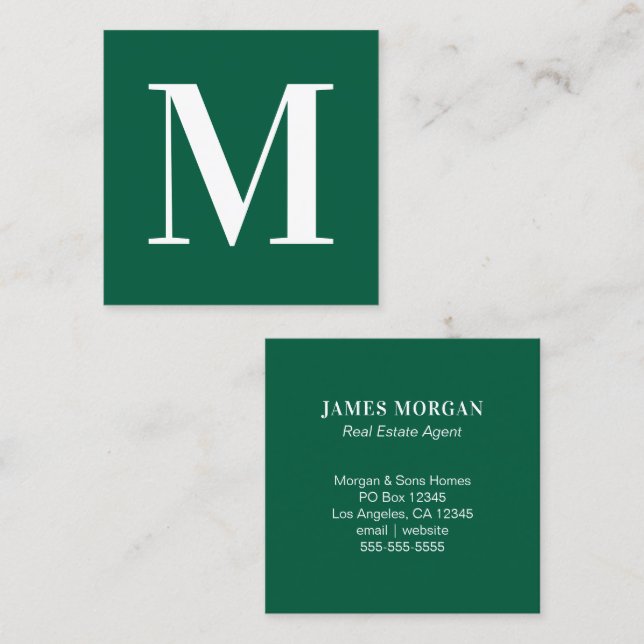 Hunter Green and White Single Letter Monogram Square Business Card (Front/Back)