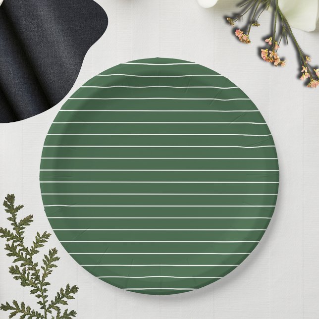 Hunter Green and White Thin Horizontal Striped Paper Plates (Creator Uploaded)