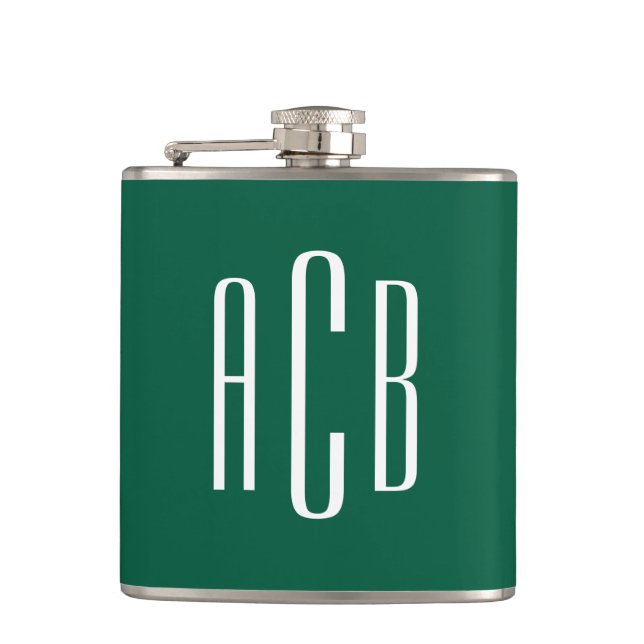 Hunter Green and White Three Letter Monogram Flask (Front)