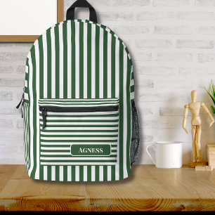 Hunter Green and White Vintage Striped Name Printed Backpack