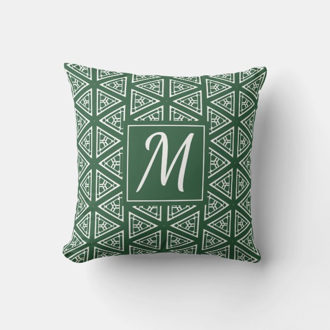 Hunter Green and White with Initial Throw Pillow (Front)