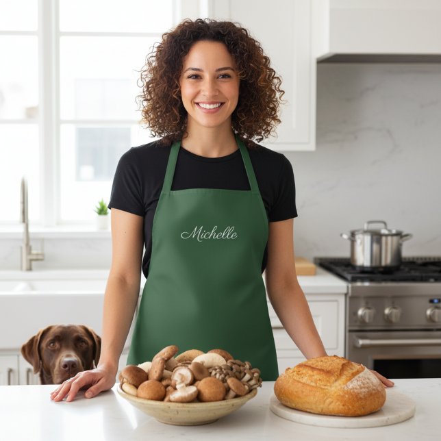 Hunter Green Apron with Custom Name Michelle (Hunter green kitchen apron with custom name in pretty cursive script.)