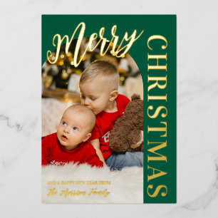 Hunter Green Arch Photo Merry Christmas Gold Foil Holiday Card