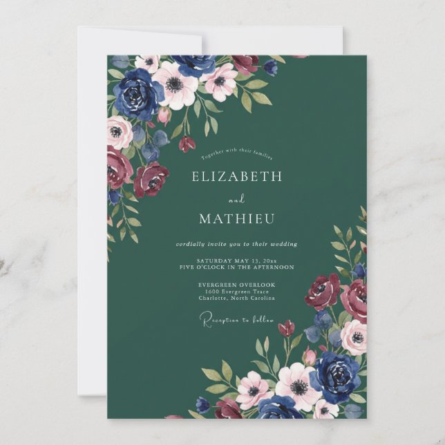 Hunter Green Atmospheric Floral Wedding Invitation (Front)