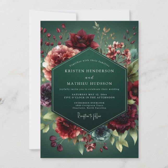 Hunter Green Baroque Flora Wedding Invitation (Front)