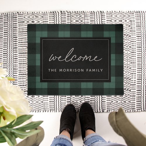 Hunter Green  Black Plaid Personalized Welcome Doormat