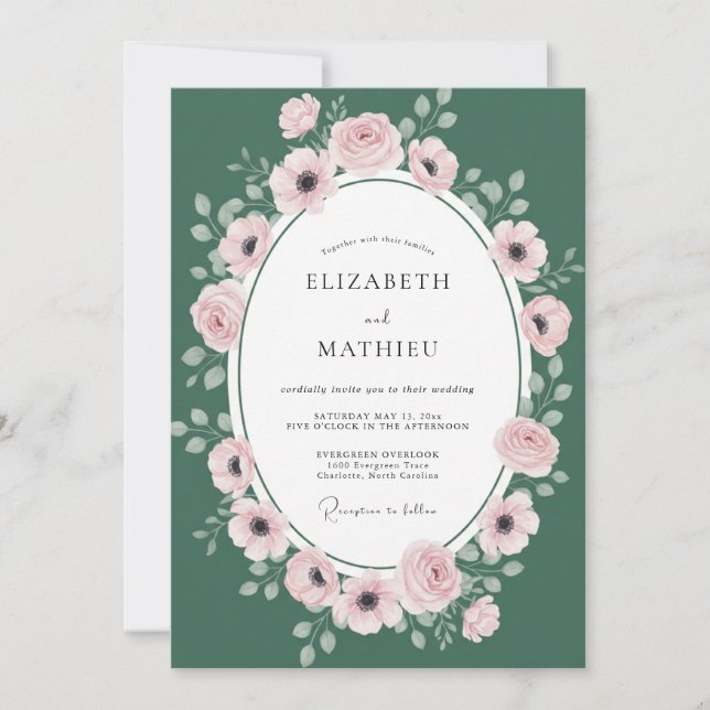 Hunter Green Blush Wreath Wedding Invitation (Front)