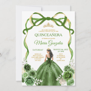 Hunter Green Bow Princess Gold Crown Quinceañera Invitation