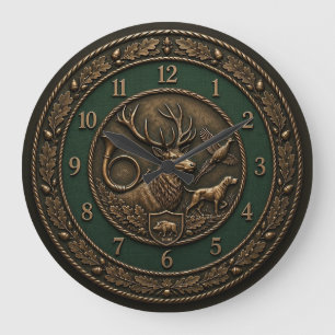 Hunter Green & Bronze Hunting Lodge Emblem Large Clock