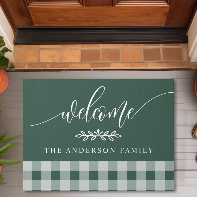 Hunter Green Buffalo Check Welcome Personalized Doormat (Creator Uploaded)