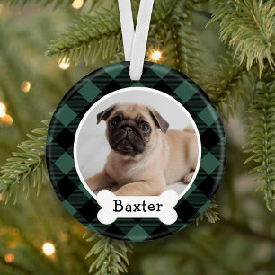 Hunter Green Buffalo Plaid Christmas Dog Photo Ornament