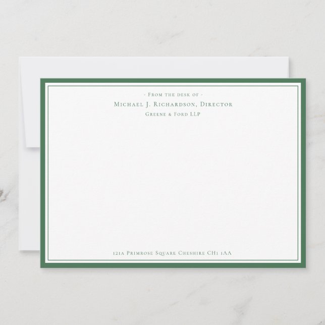 Hunter Green Business Monogram From The Desk of   Note Card (Front)