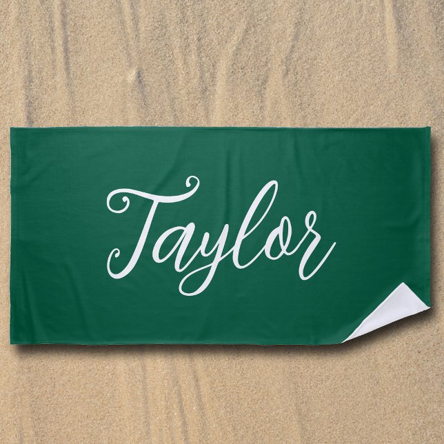 Hunter Green Chic Customized Handwritten Script Beach Towel (Creator Uploaded)