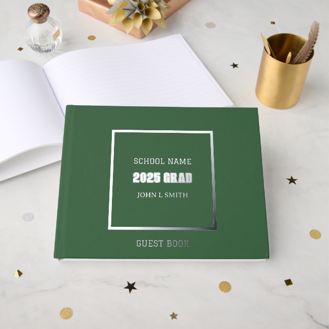 Hunter Green Color School Graduation Foil Guest Book (Front Open)