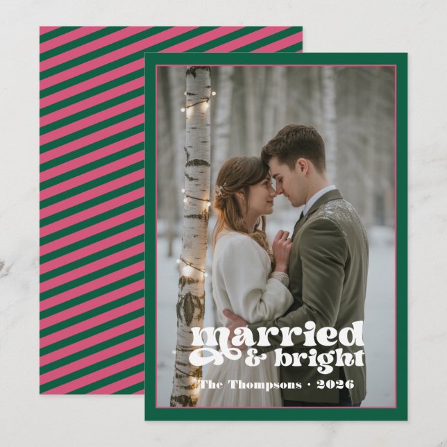 Hunter Green & Cranberry Newlyweds Christmas Holiday Card (Front/Back)