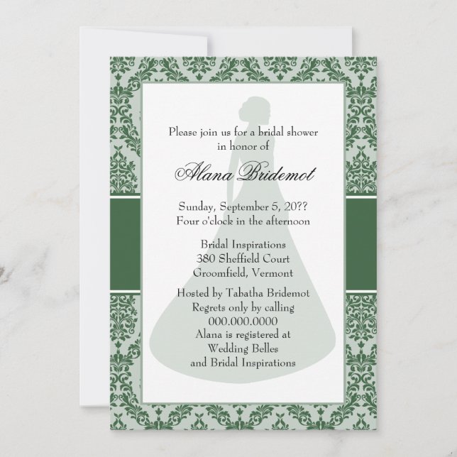 Hunter Green Damask Bridal Shower Invitation (Front)