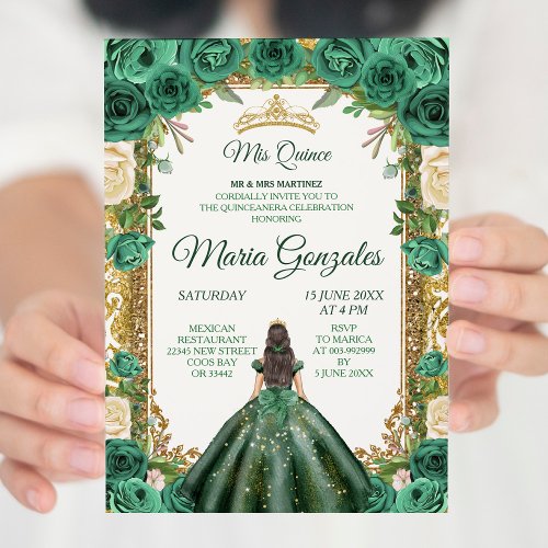 Hunter Green Dress 1 Charra Mis Quince Invitation