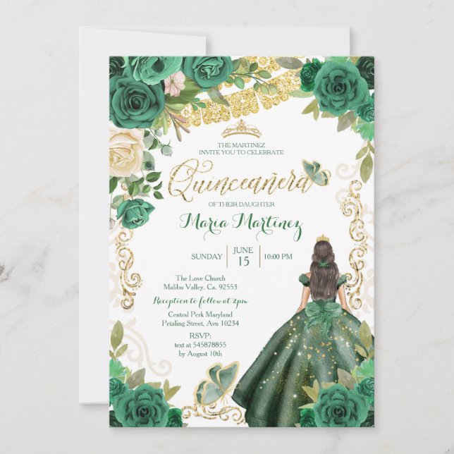 Hunter Green Dress 2 Mis Quince Invitation | Zazzle