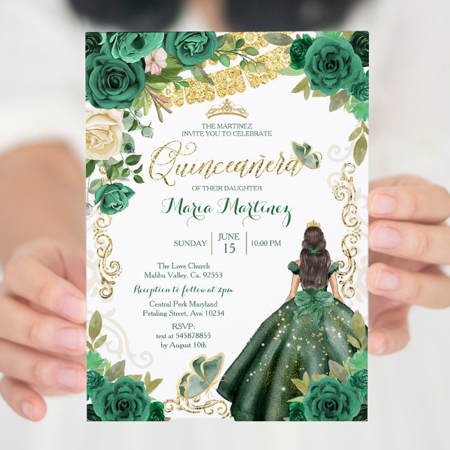 Hunter Green Dress 2 Mis Quince Invitation (Creator Uploaded)