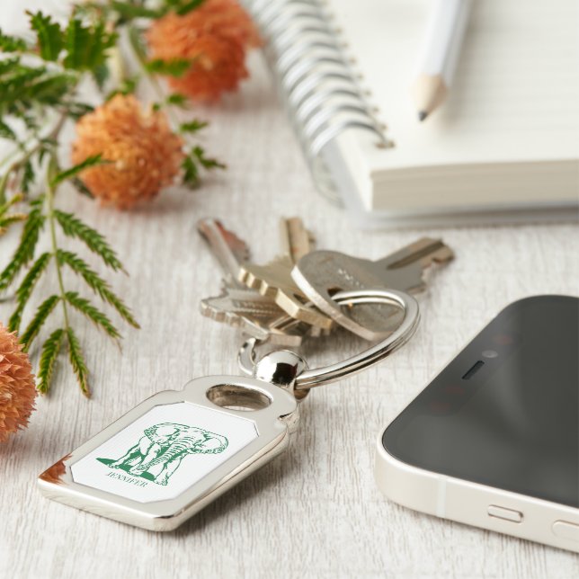 Hunter Green Elephant Line Drawing With Monogram Keychain (Side)
