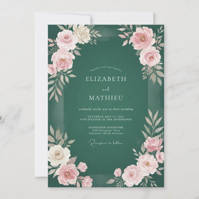 Hunter Green Enchanting Rose Wedding Invitation (Front)