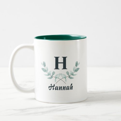 Hunter Green Eucalyptus Leaf Monogrammed Two_Tone Coffee Mug