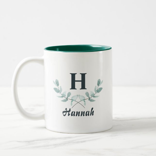 Hunter Green Eucalyptus Leaf Monogrammed Two-Tone Coffee Mug (Left)