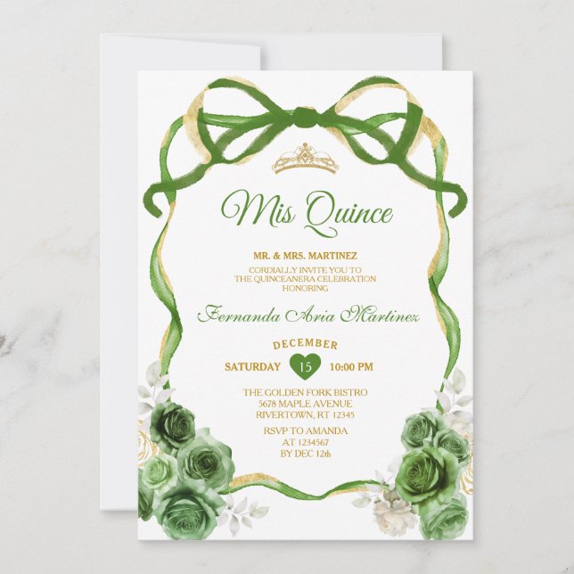 Hunter Green Floral Bow Ribbon Gold Mis Quince Invitation (Front)